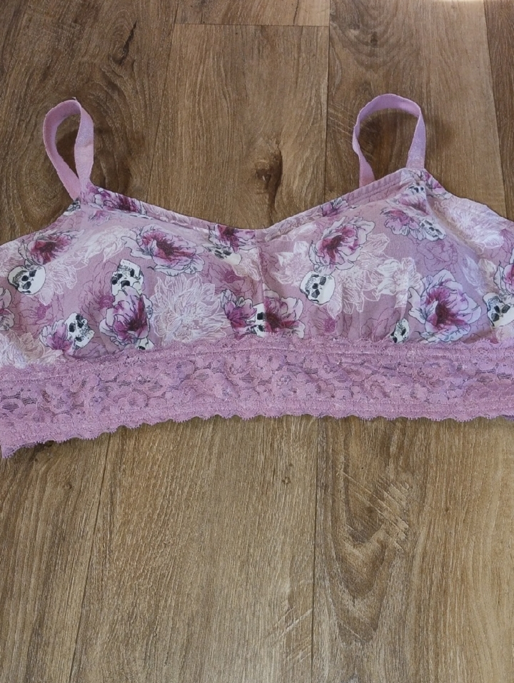 Pink Floral Skulll Lace Trim Bralette with Adjustable Straps